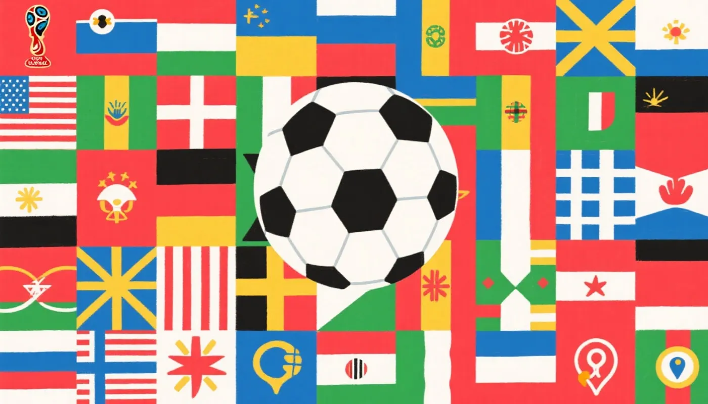 世界杯参赛球队与旗帜拼贴示意图