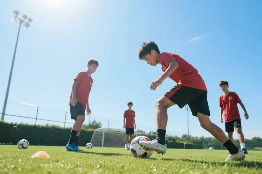 年轻球员在赛前训练中专注的特写