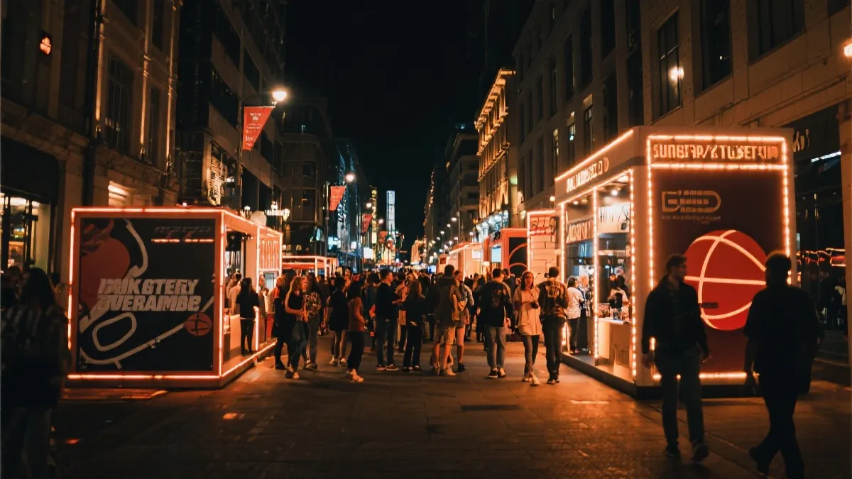 体育主题沉浸式街区夜景与人群消费场景